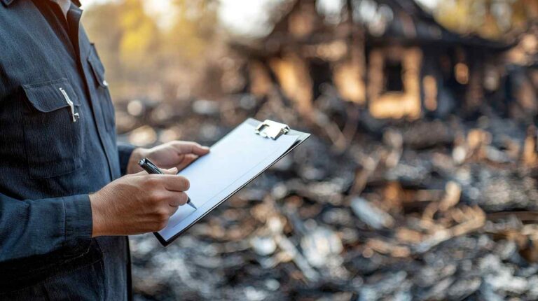Fire damage inspection with technician documenting loss at burned property site in Greater Missoula.