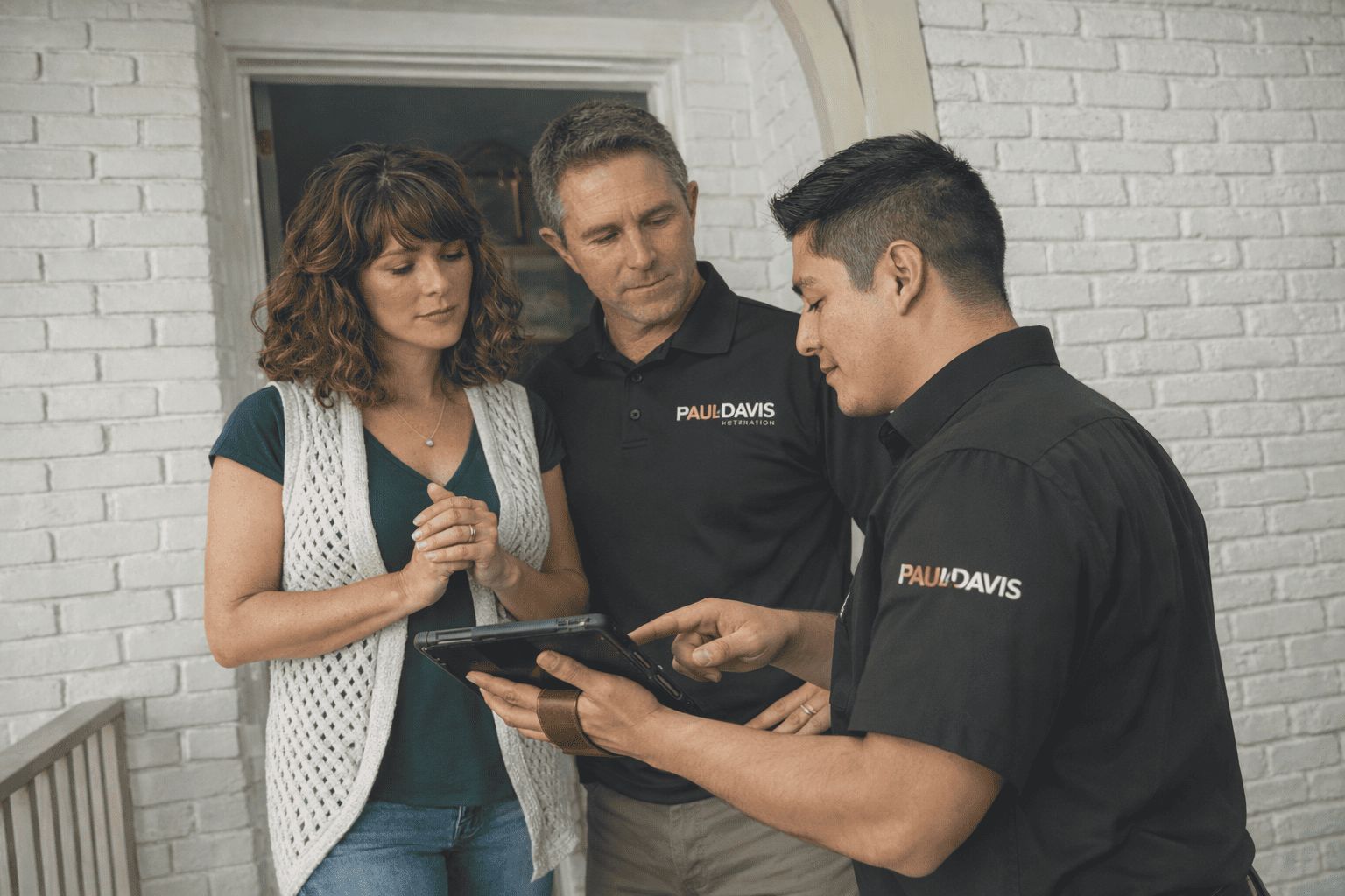 Paul Davis Restoration team reviewing restoration plans with a homeowner at a residential property in Greater Missoula, MT