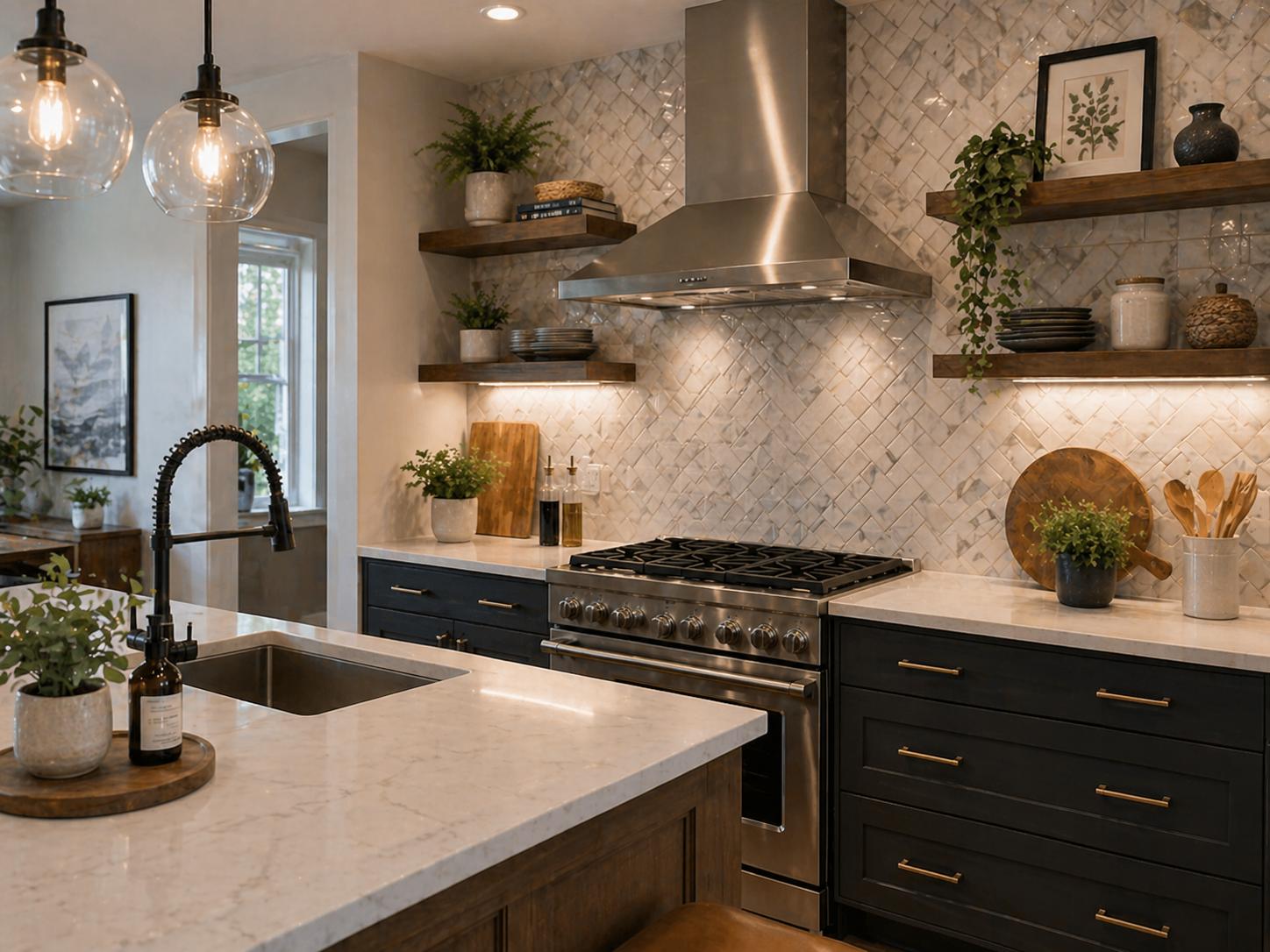 Modern kitchen with herringbone tile backsplash, quartz countertops, stainless steel range, and open shelving showcasing professional backsplash installation in Greater Missoula.