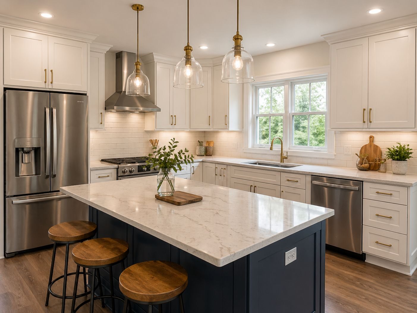 Modern kitchen with white cabinets, quartz island countertop, stainless steel appliances, and pendant lighting highlighting professional countertop upgrades in Greater Missoula.