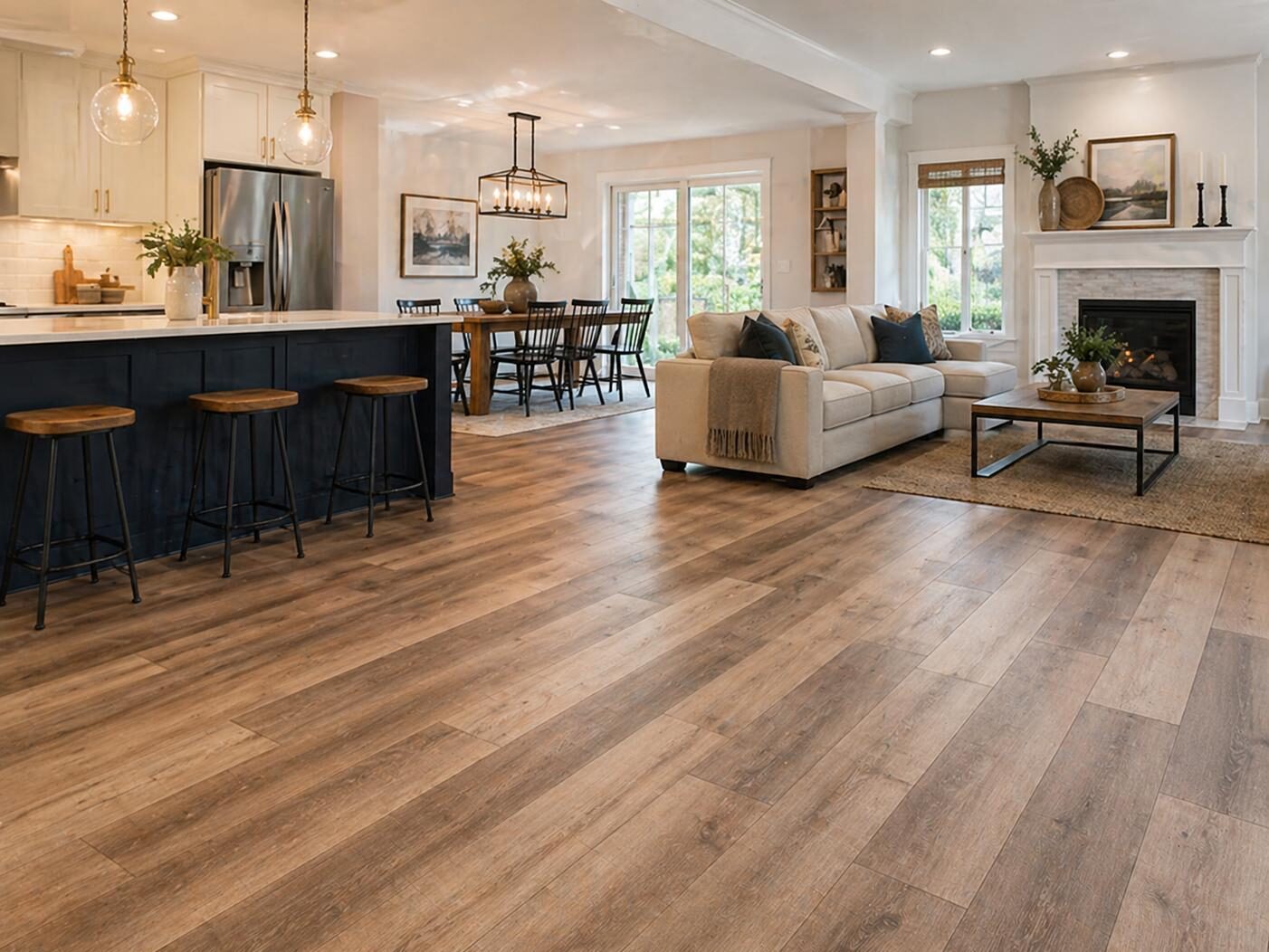 Open concept living room and kitchen with new hardwood flooring, modern finishes, and natural light showcasing professional flooring installation in Greater Missoula.