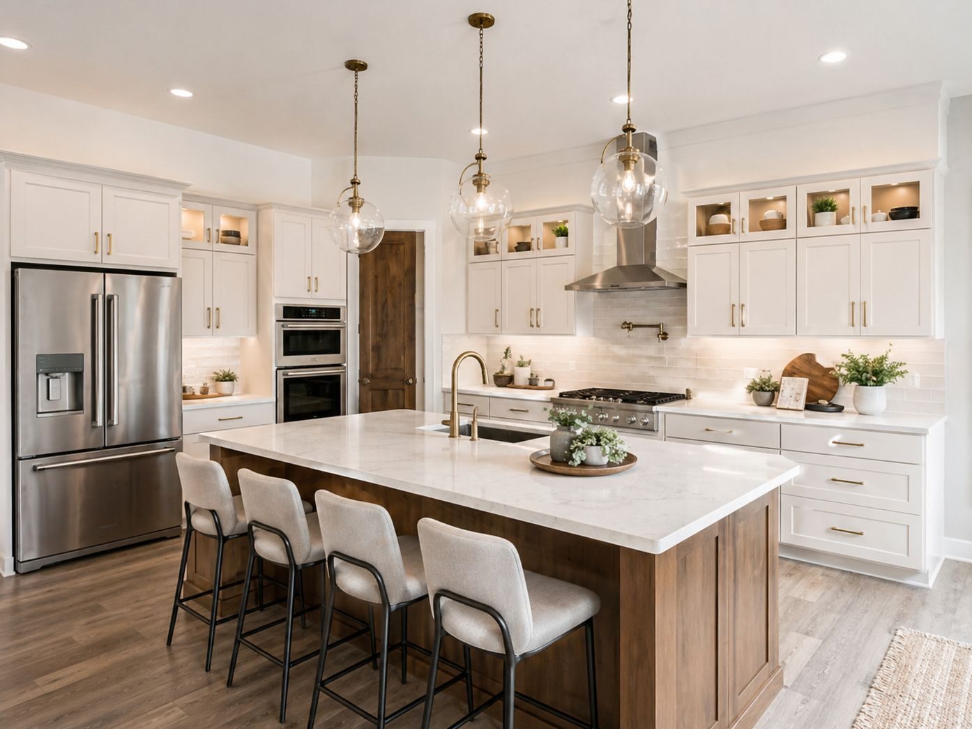 Bright modern kitchen with large island seating, white cabinetry, pendant lighting, and stainless steel appliances showcasing professional home restoration in Greater Missoula.