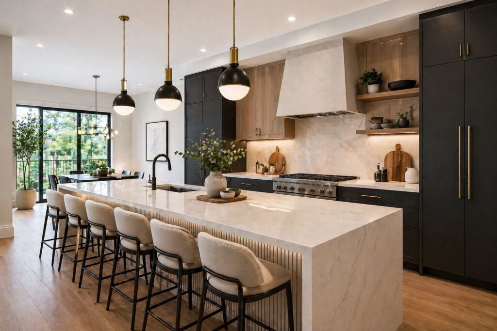 Modern kitchen renovation with oversized marble island, bar seating, pendant lighting, and custom cabinetry showcasing luxury home restoration in Greater Missoula.