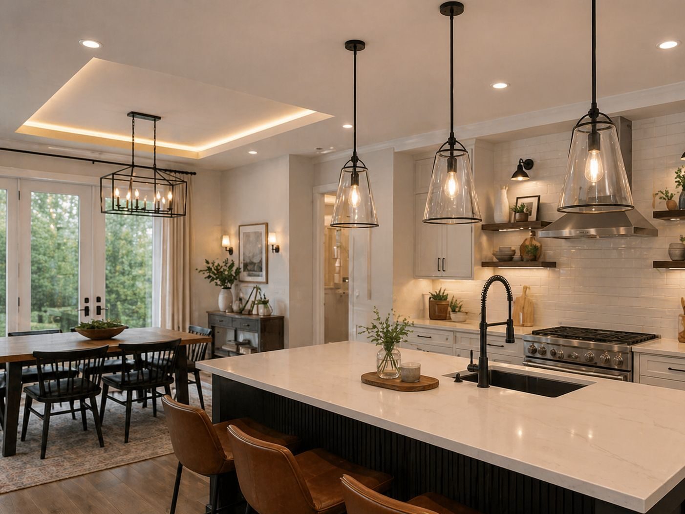 Elegant modern kitchen with large quartz island, pendant lighting, and open dining area showcasing professional lighting and fixture upgrades in Greater Missoula.