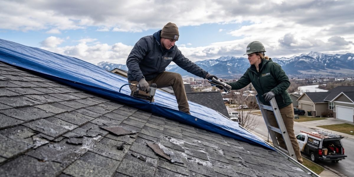 Two Paul Davis Restoration technicians secure a blue tarp over a hail-damaged roof with the Montana mountains in the background.