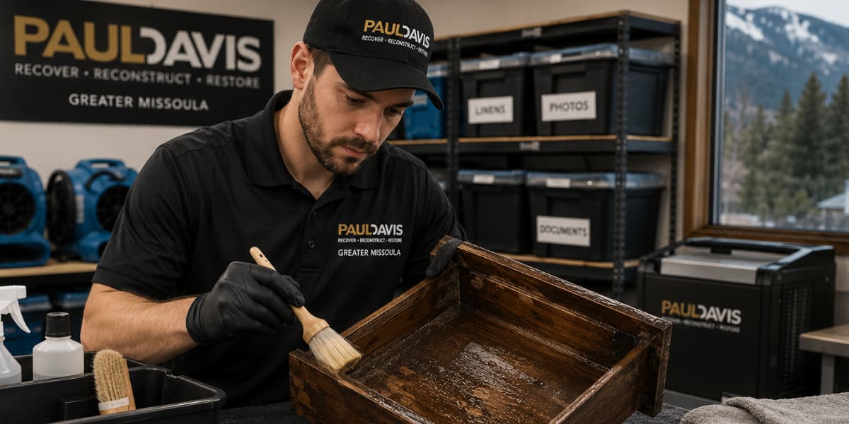 Paul Davis Restoration of Greater Missoula technician cleaning a water-damaged wooden drawer as part of their contents cleaning services